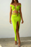 Sexy Solid Color Slit Irregular Off Shoulder Short Sleeve Two Pieces