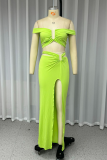 Sexy Solid Color Slit Irregular Off Shoulder Short Sleeve Two Pieces
