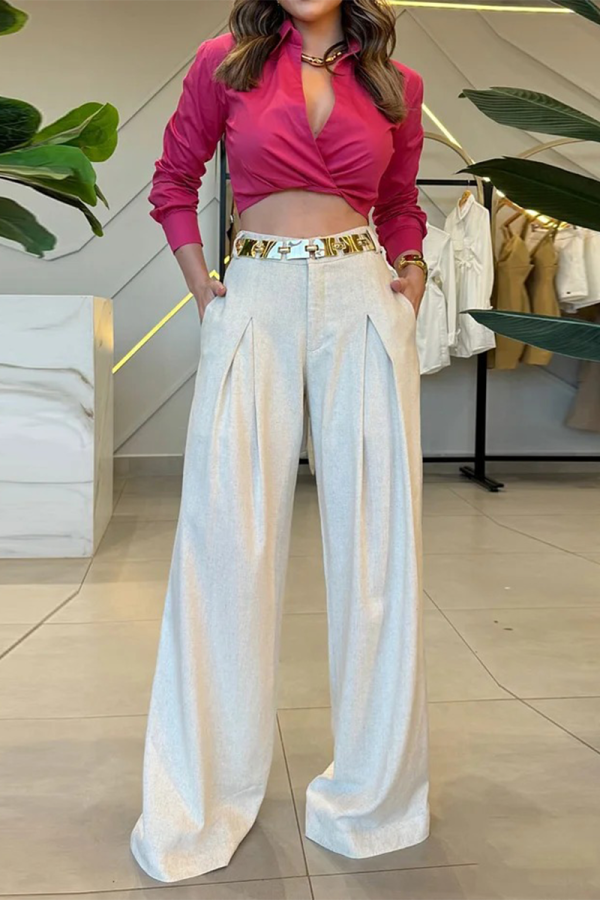 Sexy Street Solid Color Pocket Patchwork Turndown Collar Long Sleeve Two Pieces(No Belt)