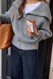 Casual Solid Color Zipper Turndown Collar Tops