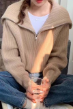 Casual Solid Color Zipper Turndown Collar Tops