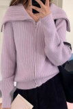 Casual Solid Color Zipper Turndown Collar Tops