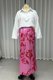 Street Elegant Flowers Print Patchwork Turndown Collar Long Sleeve Two Pieces
