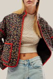Casual Flowers Pocket Patchwork Contrast Mandarin Collar Outerwear
