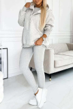Casual Solid Color Buttons Texture Hooded Long Sleeve Three Pieces