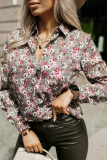 Casual Street Geometric Print Flowers Buttons Contrast Turndown Collar Tops
