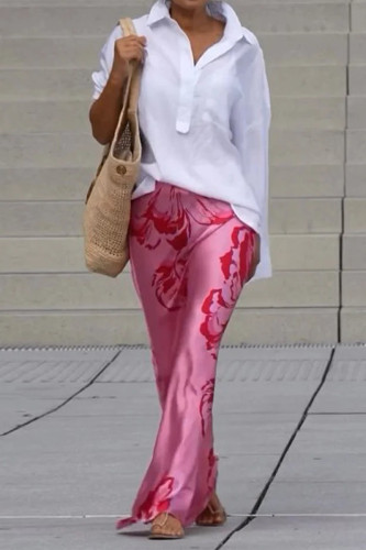 Street Elegant Flowers Print Patchwork Turndown Collar Long Sleeve Two Pieces
