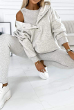 Casual Solid Color Buttons Texture Hooded Long Sleeve Three Pieces