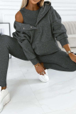Casual Solid Color Buttons Texture Hooded Long Sleeve Three Pieces