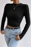 Casual Daily Solid Color Plaid Ruched O Neck Tops