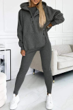 Casual Solid Color Buttons Texture Hooded Long Sleeve Three Pieces