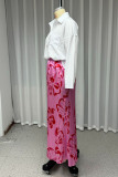 Street Elegant Flowers Print Patchwork Turndown Collar Long Sleeve Two Pieces