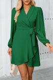 Daily Elegant Solid Color Lace Up Ruffle V Neck Irregular Dresses