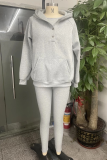 Casual Solid Color Buttons Texture Hooded Long Sleeve Three Pieces