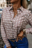 Casual Street Geometric Print Flowers Buttons Contrast Turndown Collar Tops