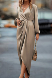 Casual Elegant Solid Color Ruched V Neck One Step Skirt Dresses