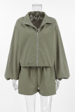 Casual Street Solid Color Lace Up Zipper Turndown Collar Long Sleeve Two Pieces