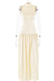 Sexy Solid Color Backless Ruched Halter Sleeveless Dresses