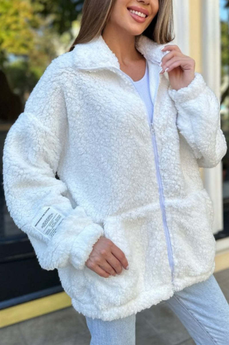 Casual Daily Solid Color Pocket Fluffy Turndown Collar Outerwear