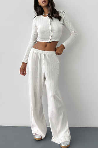 Casual Daily Solid Color Hollow Out Buttons O Neck Long Sleeve Two Pieces