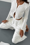 Casual Daily Solid Color Hollow Out Buttons O Neck Long Sleeve Two Pieces