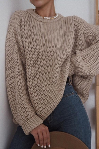 Casual Daily Solid Color Weave O Neck Tops