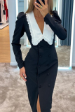 Celebrities Elegant Solid Color Slit Contrast Peter Pan Collar One Step Skirt Dresses