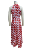 Vacation Elegant Geometric Print Lace Up Slit Contrast Halter Sleeveless Dresses