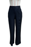 Casual Daily Solid Color Pocket Buttons Loose High Waist Straight Solid Color Bottoms