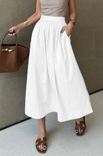 Casual Daily Solid Color Pocket Buttons Loose High Waist Type A Solid Color Bottoms