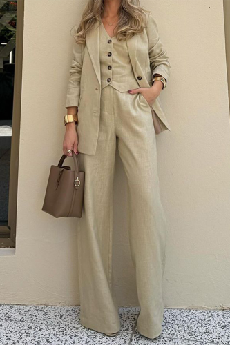 Casual Solid Color Pocket Buttons Turn-back Collar Long Sleeve Three Pieces