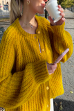 Casual Solid Color Buttons Weave O Neck Outerwear