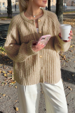 Casual Solid Color Buttons Weave O Neck Outerwear