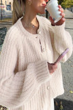 Casual Solid Color Buttons Weave O Neck Outerwear