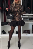 Sexy Leopard Patchwork Ruffle Half A Turtleneck A Line Dresses