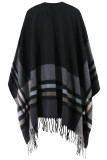 Casual Daily Plaid Fringed Trim Contrast V Neck Outerwear