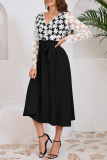 Daily Elegant Solid Color Lace Lace Up Contrast V Neck A Line Dresses