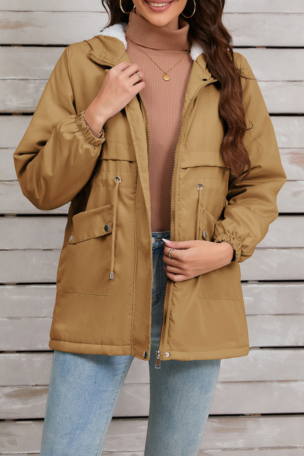 Casual Street Solid Color Draw String Lace Up Fluffy Hooded Outerwear
