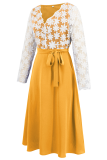 Daily Elegant Solid Color Lace Lace Up Contrast V Neck A Line Dresses
