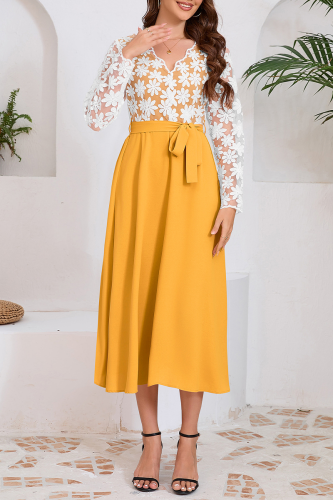 Daily Elegant Solid Color Lace Lace Up Contrast V Neck A Line Dresses