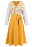 Daily Elegant Solid Color Lace Lace Up Contrast V Neck A Line Dresses