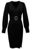 Daily Elegant Solid Color Slit With Belt V Neck Wrapped Skirt Dresses