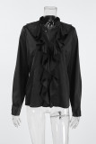 Casual Solid Color Buttons Ruffle Mandarin Collar Tops