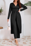 Casual Solid Color Slit Ruched V Neck Long Sleeve Two Pieces