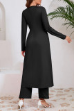 Casual Solid Color Slit Ruched V Neck Long Sleeve Two Pieces