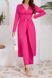 Casual Solid Color Slit Ruched V Neck Long Sleeve Two Pieces