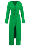 Casual Solid Color Slit Ruched V Neck Long Sleeve Two Pieces