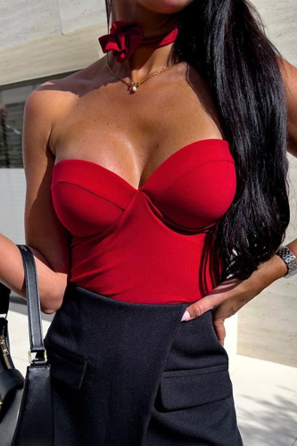 Sexy Solid Color Patchwork V Neck Skinny Bodysuits
