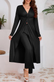 Casual Solid Color Slit Ruched V Neck Long Sleeve Two Pieces