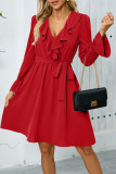 Elegant Solid Color Lace Up Ruffle V Neck A Line Dresses